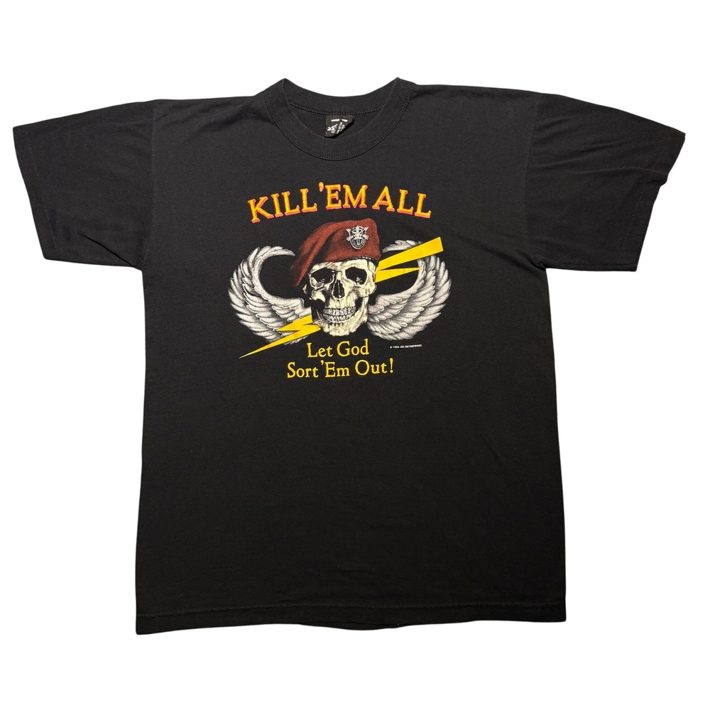 Vintage 90s Kill Em All Let God Sort Em Out T-Shirt Black L USA